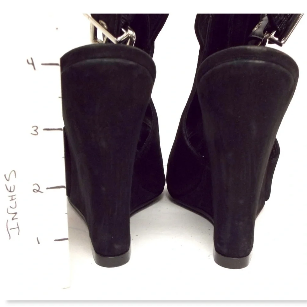 SCHUTZ Black Nubuck Leather Open Toe Buckled Sling Wedge Ankle Bootie Heels 7
